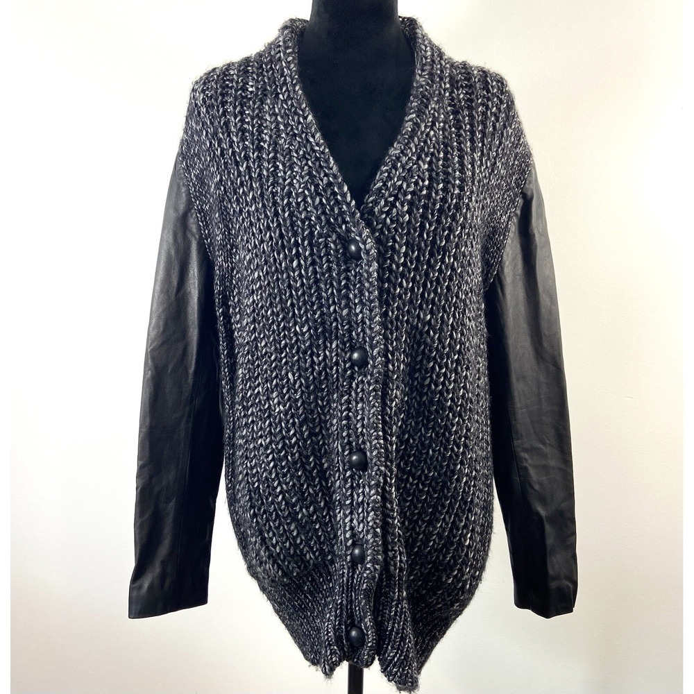 Alexander Wang Sweater Women M Gray Black  Cardigan Wool Leather Button Up Fuzzy